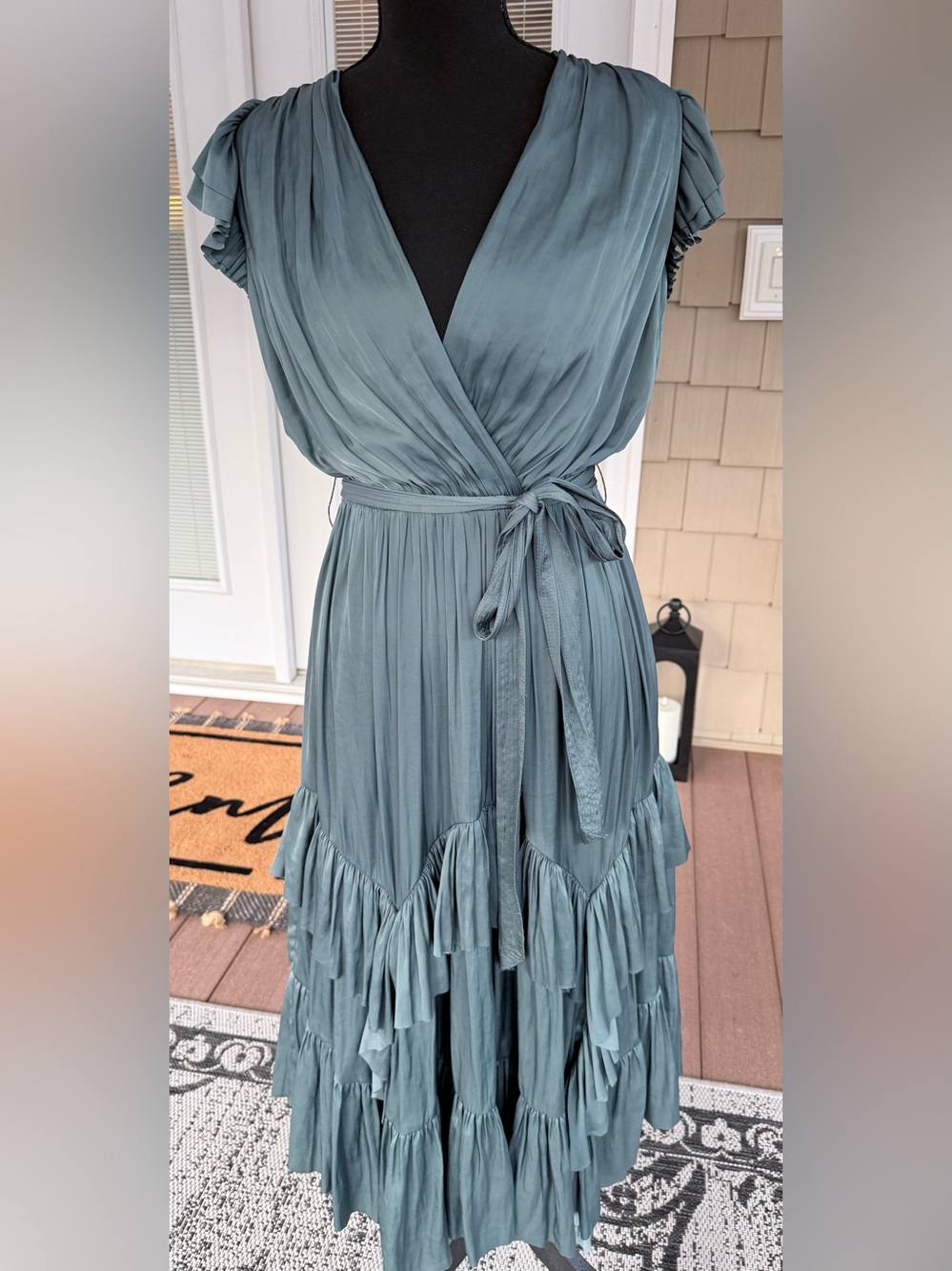 Ulla Johnson Blue Green Ruffle Wrap Midi Dress Size 00 Belted EUC